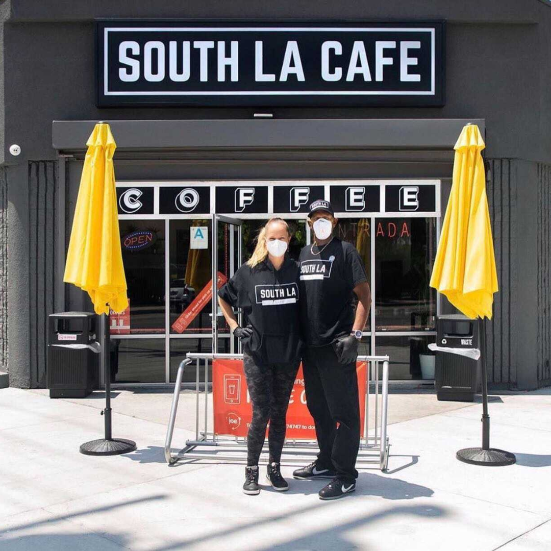 South LA Coffee shop owners, Joe and Celia Ward, standing outside original cafe